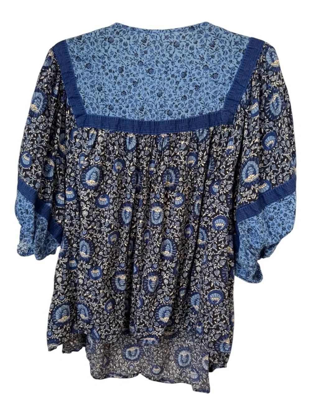 Old Navy 3X Blue Mixed Floral Peasant Blouse Split Neck Tassel Boho Plus